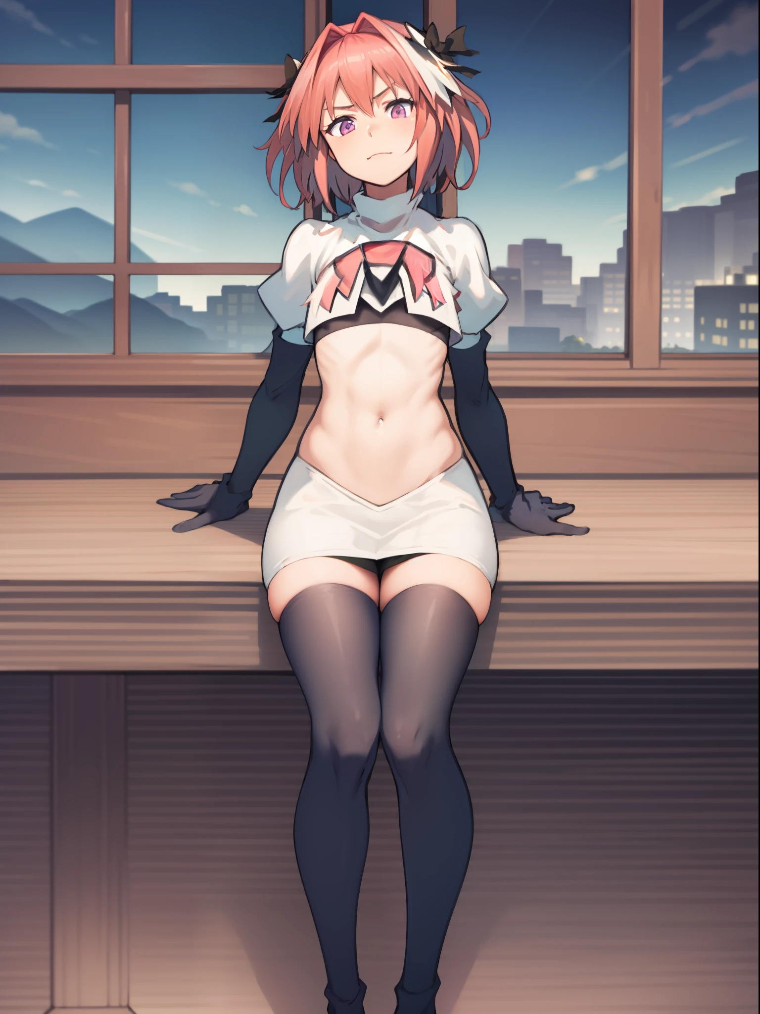 absurdres, masterpiece, best quality, (astolfo fate:1.2155), 1boy, male focus, trap, pink multicolored hair, pink hair, white hair, hair intakes, long hair, pink detailed eyes, crossdressing,1boy, team rocket,team rocket uniform, red letter R, white skirt,white crop top,black thigh-highs,black elbow gloves