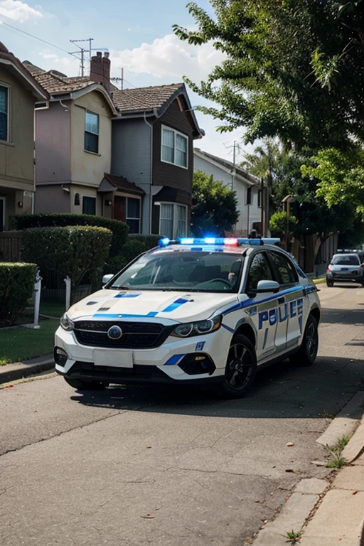 Police car patrolling a neighborhood