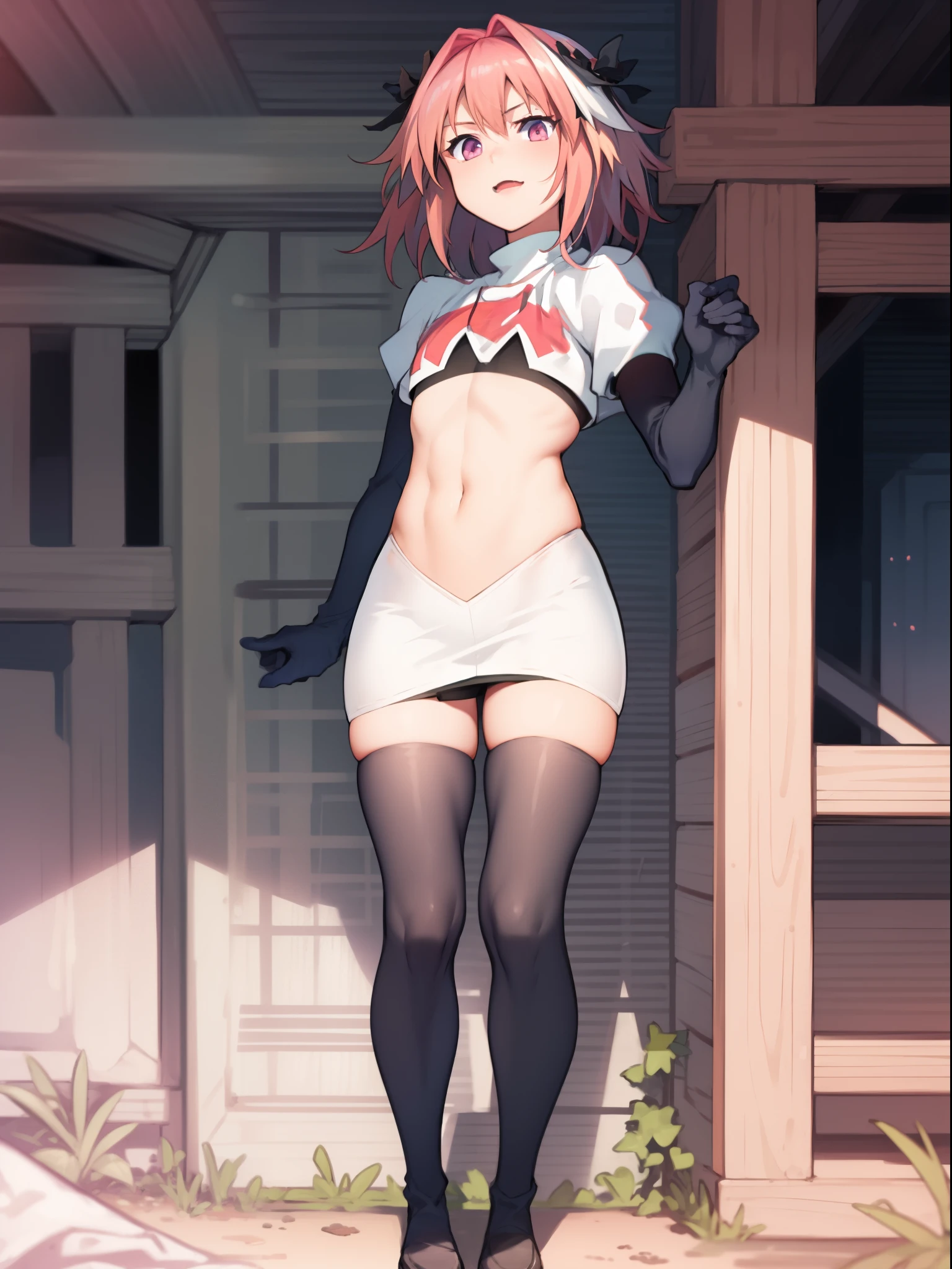 absurdres, masterpiece, best quality, (astolfo fate:1.2155), 1boy, male focus, trap, pink multicolored hair, pink hair, white hair, hair intakes, long hair, pink detailed eyes, crossdressing,1boy, team rocket,team rocket uniform, red letter R, white skirt,white crop top,black thigh-highs,black elbow gloves