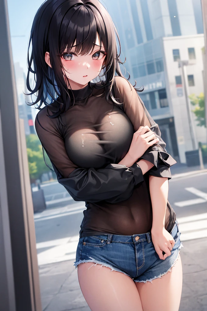 1girl, black hair, wet body, hugged shirt, denim shorts, city, absurd details, high-resolution, ultrasharp, 8k, masterpiece painting style, vibrant colors, dramatic lighting