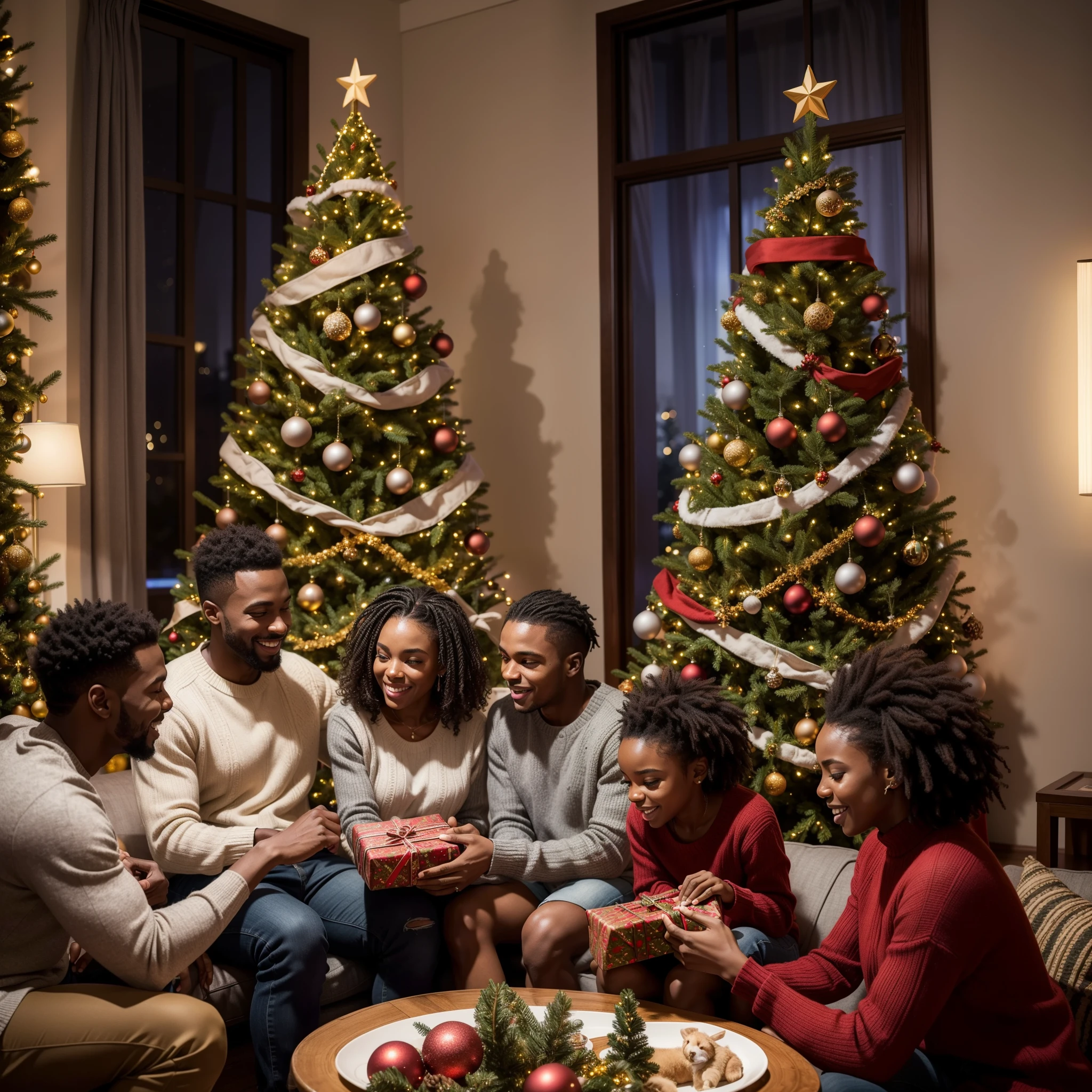 High quality, Ultra HD, 8K, create a masterpiece scene of black african family, dark skin, brown skin, enjoying christmas day in their house, while they are sharing gift, in the night, colorful fir trees in the background.