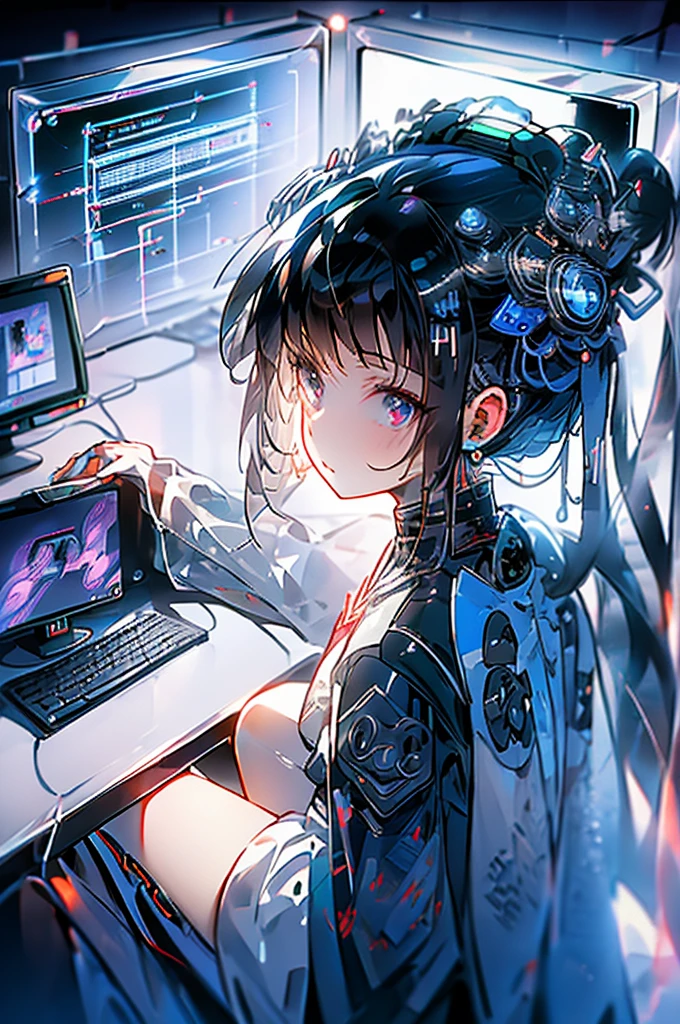 Hacker girl, black hat, sweater with the Linux symbol, dark room computer background, table and desktop , hacking , terminal environment