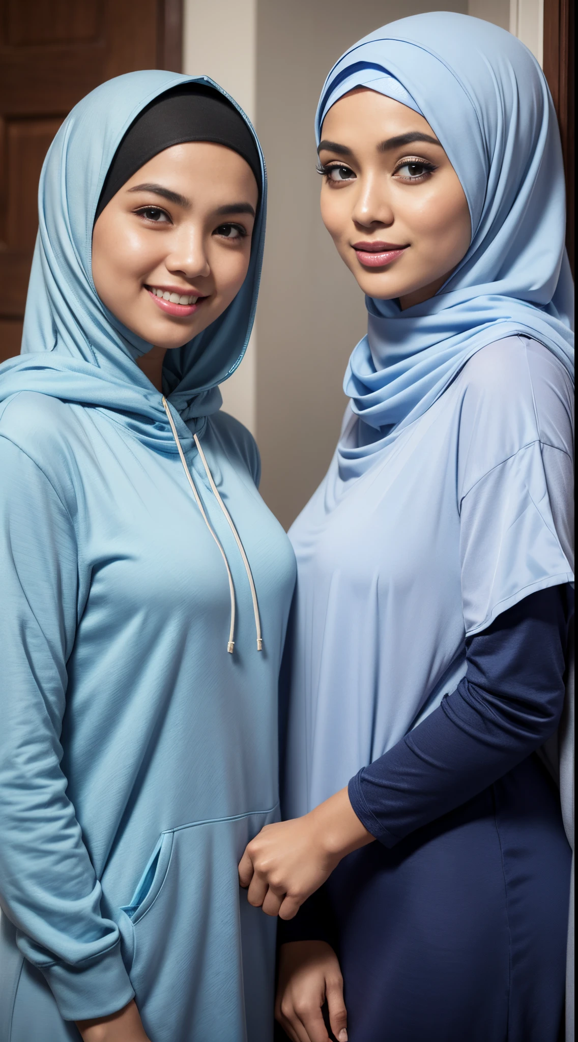 A Indonesian hijab female, I'm wearing jeans and shirt." in hospital, I'm a doctor. It emphasizes realism in every detail of the image, especially in the eyes. This official art Unreal 8k wallpaper a very detailed, beautiful, aesthetic masterpiece and of the highest quality. The use of dynamic angles shows the elegance and romanticism of the image. This character has big breasts, ((small head:1.2)) ((big breast:1.1)) ((hijab))"