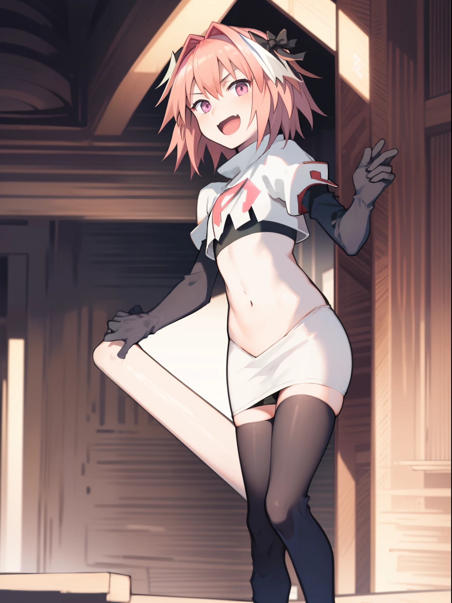 absurdres, masterpiece, best quality, (astolfo fate:1.2155), 1boy, male focus, trap, pink multicolored hair, pink hair, white hair, hair intakes, long hair, pink detailed eyes, crossdressing,1boy, team rocket,team rocket uniform, red letter R, white skirt,white crop top,black thigh-highs,black elbow gloves