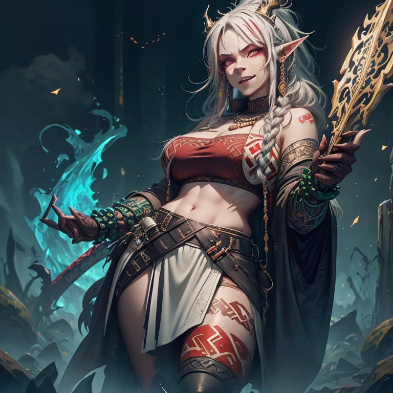 Tall orc girl. Half orc, half human, gold chain mail shirt, short cute leather skirt, long black cloak, greenish blue skin, long wavy brown hair, super cute, big boobs, scars, earrings, tusks coming out of mouth, no makeup, warrior, right eye  green, left eye  red, super cute, a little chubby, thick, attractive, adorable, hot, HALF ORC