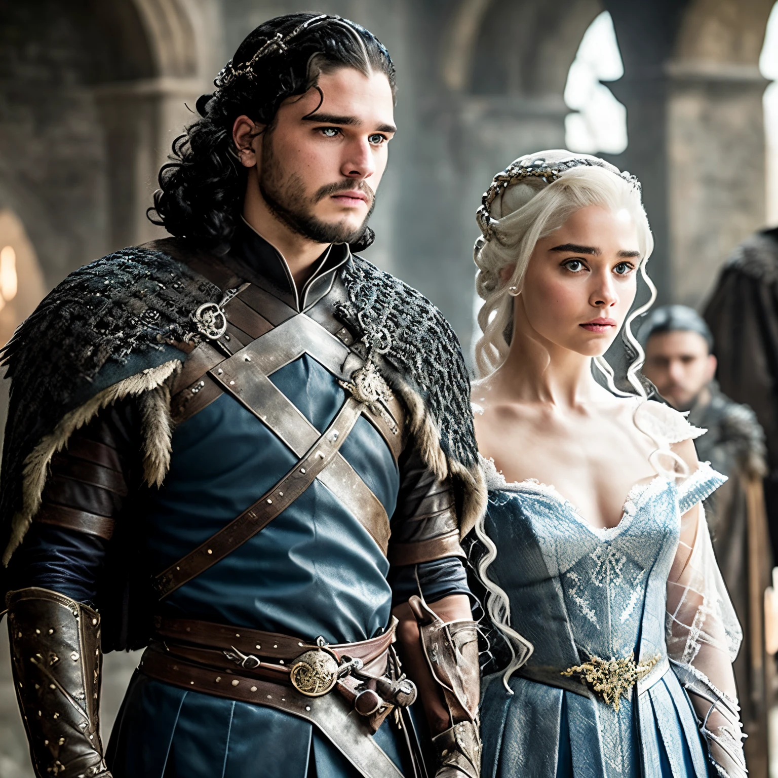 a man, wearing medieval attire, with ties that hold his agadas and his sword. having dark hair and eyes, an appearance that is based on Jon Snow. along with a woman with white hair, using her blue-colored magic, looking like Daenerys Targaryen. the man is behind, and she is just in front of him, showing off her breasts, which are held by him.