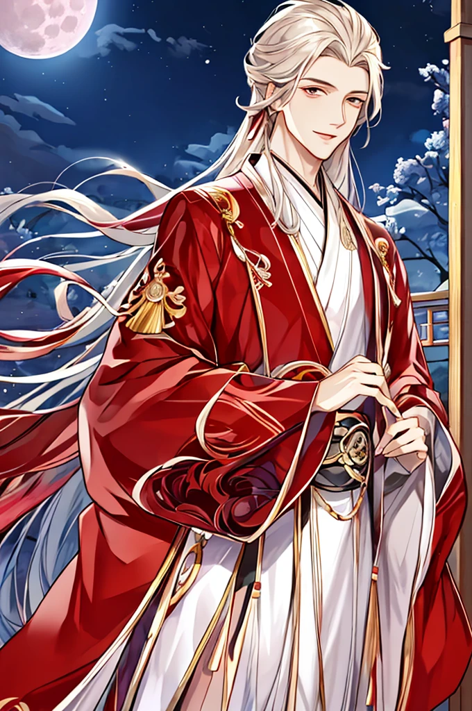 tmasterpiece,Best Picture Quality,male people,male people,(cabelos preto e longos:1.5),long, floated hair,white hanfu,Wide-sleeved robe,ancient wind,Solid color clothes,The clothes do not have any patterns,Smilingly,gentlesoftlighting,water ink,Behind it the full moon,