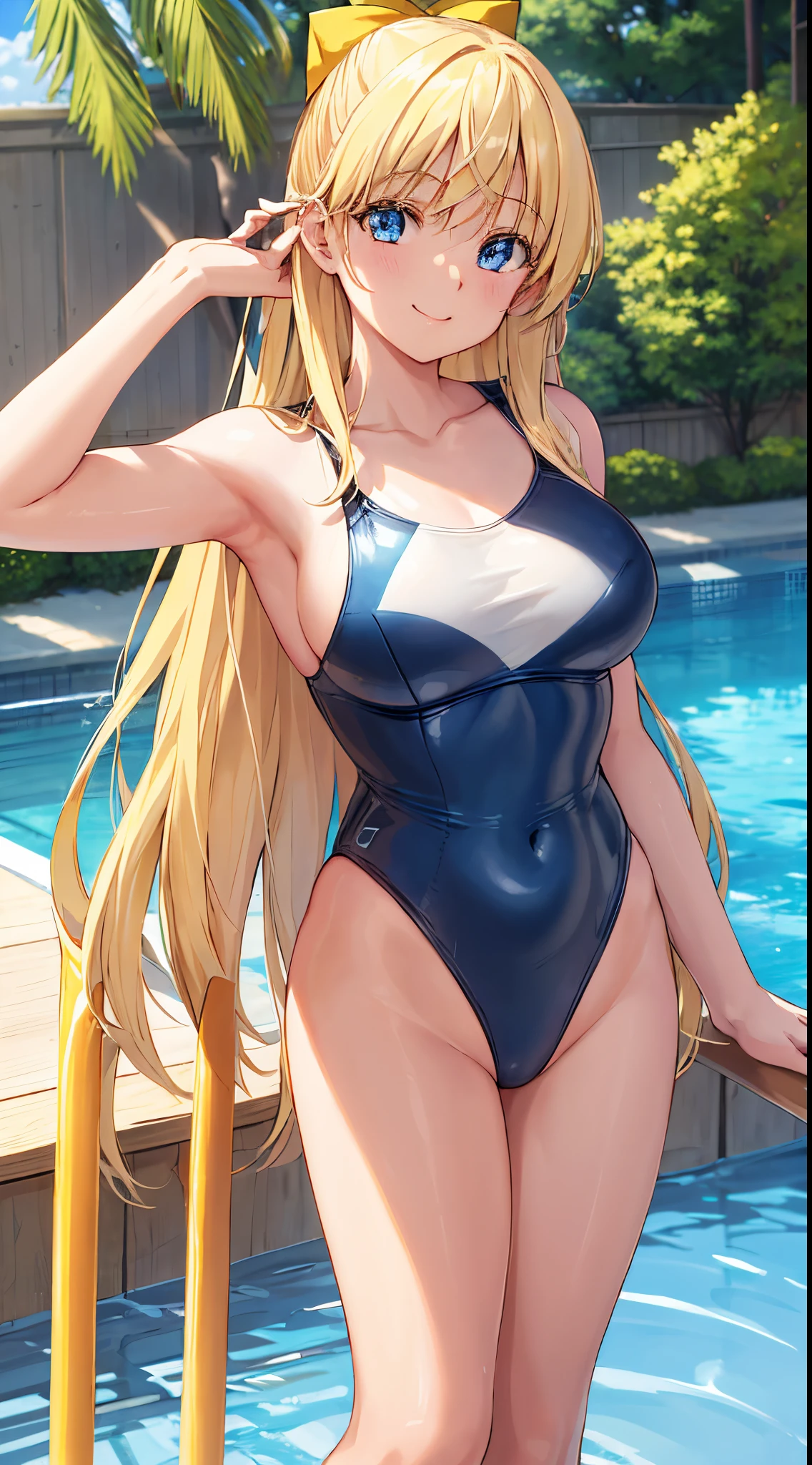 masterpiece, best quality, highres, venus1, 1girl, solo, aino minako, blonde hair, magical girl, blue eyes, very long hair, standing, one piece swimsuit, swimsuit, in pool, closed mouth, smile