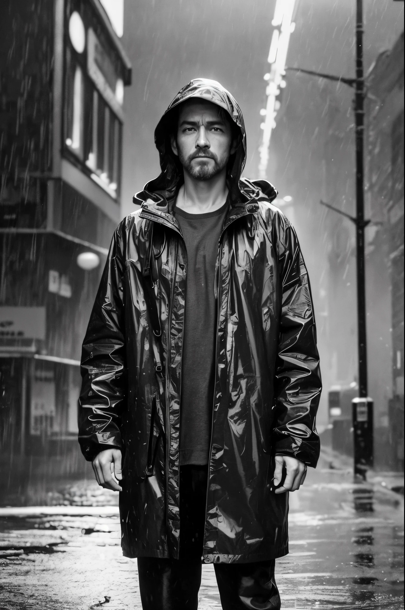 photorealism, hyperrealism, cinematic-still, A striking street-style portrait of a rugged post-apocalyptic survivor braving the elements. Dressed in a plastic raincoat with a worn texture, they stand against a backdrop of a desolate urban environment. The rain pours down, creating a cinematic atmosphere as droplets splash against the coat's surface. Intricate details like patched repairs and buckled straps accentuate the character's resilience and resourcefulness. The scene is captured in a high-contrast black and white photography style, emphasizing the interplay of light and shadow