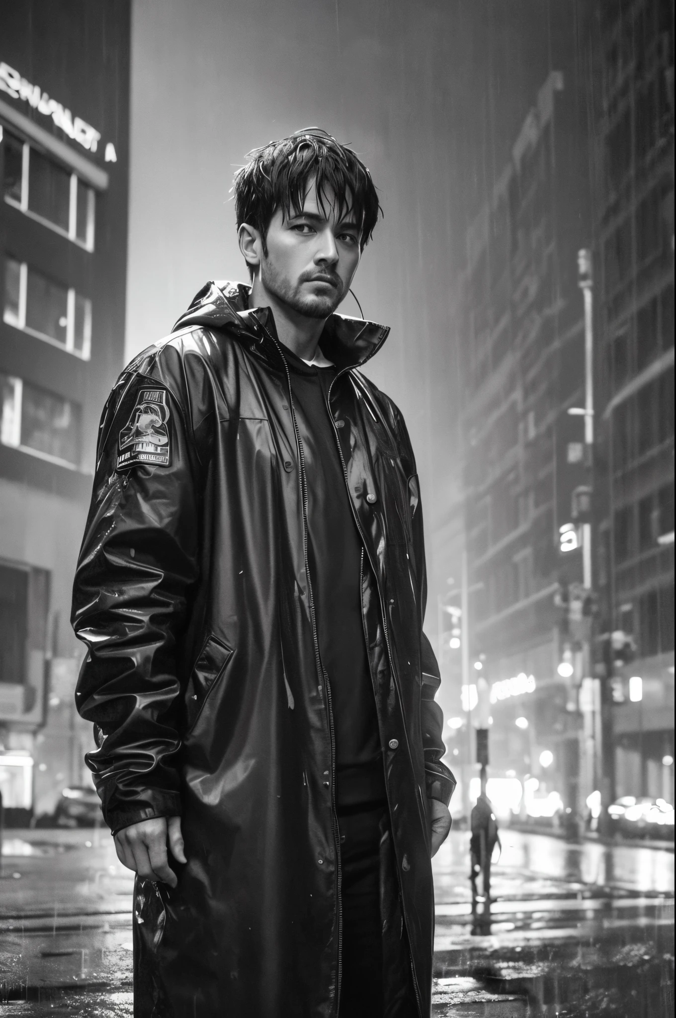 photorealism, hyperrealism, cinematic-still, A striking street-style portrait of a rugged post-apocalyptic survivor braving the elements. Dressed in a plastic raincoat with a worn texture, they stand against a backdrop of a desolate urban environment. The rain pours down, creating a cinematic atmosphere as droplets splash against the coat's surface. Intricate details like patched repairs and buckled straps accentuate the character's resilience and resourcefulness. The scene is captured in a high-contrast black and white photography style, emphasizing the interplay of light and shadow