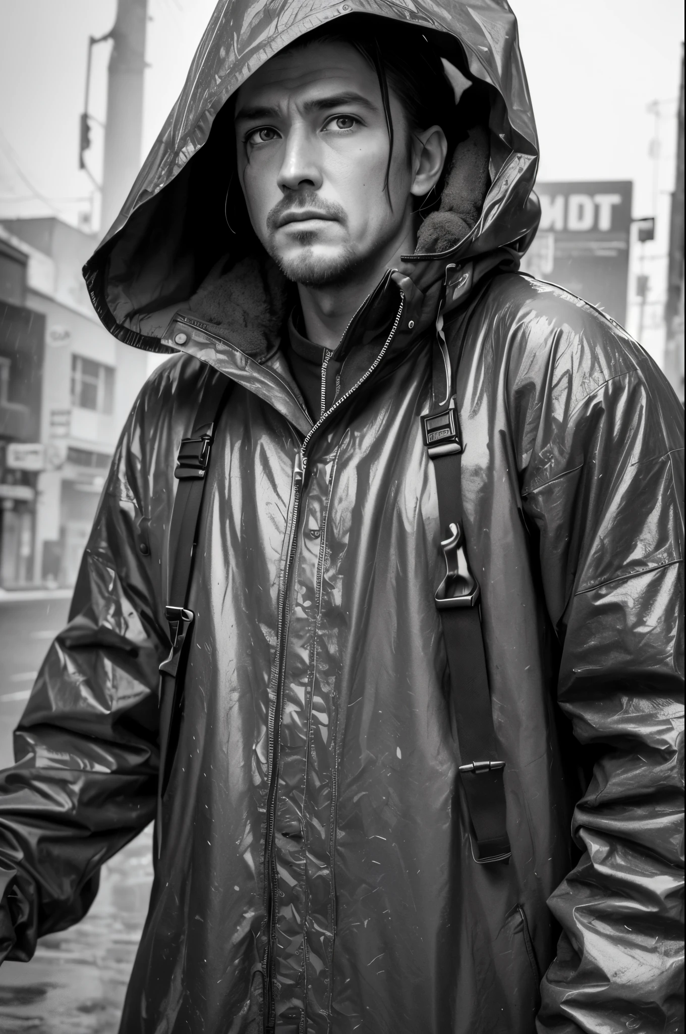 photorealism, hyperrealism, cinematic-still, A striking street-style portrait of a rugged post-apocalyptic survivor braving the elements. Dressed in a plastic raincoat with a worn texture, they stand against a backdrop of a desolate urban environment. The rain pours down, creating a cinematic atmosphere as droplets splash against the coat's surface. Intricate details like patched repairs and buckled straps accentuate the character's resilience and resourcefulness. The scene is captured in a high-contrast black and white photography style, emphasizing the interplay of light and shadow
