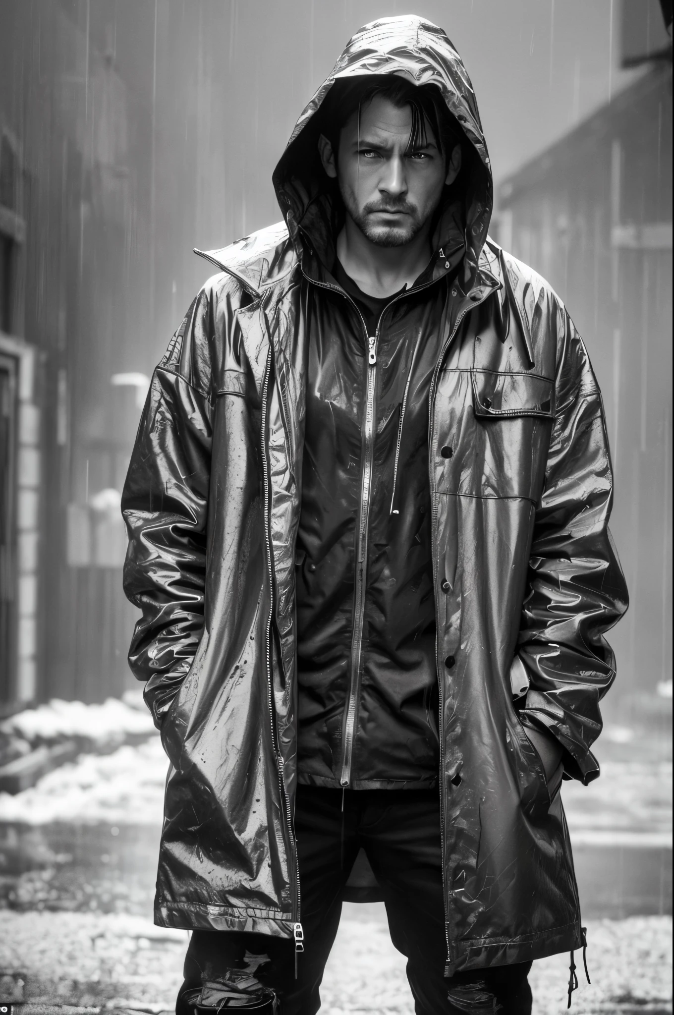 photorealism, hyperrealism, cinematic-still, A striking street-style portrait of a rugged post-apocalyptic survivor braving the elements. Dressed in a plastic raincoat with a worn texture, they stand against a backdrop of a desolate urban environment. The rain pours down, creating a cinematic atmosphere as droplets splash against the coat's surface. Intricate details like patched repairs and buckled straps accentuate the character's resilience and resourcefulness. The scene is captured in a high-contrast black and white photography style, emphasizing the interplay of light and shadow