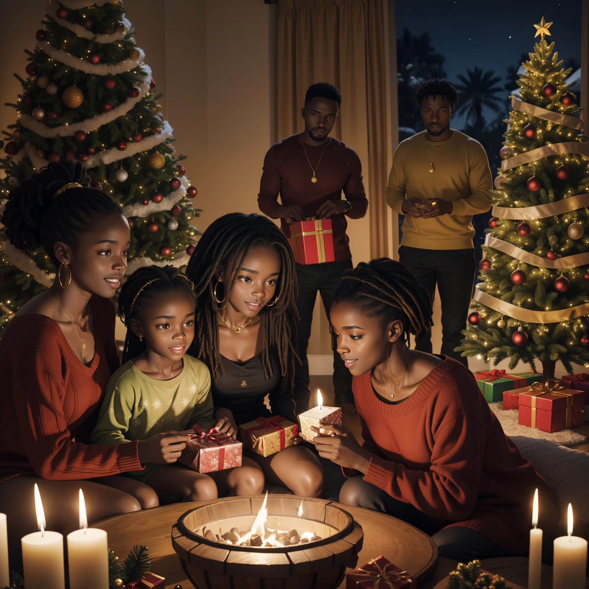 High quality, Ultra HD, 8K, create a masterpiece scene of black african family, dark skin, brown skin, enjoying christmas day in their house, while they are sharing gift, in the night, colorful christmas trees in the background.