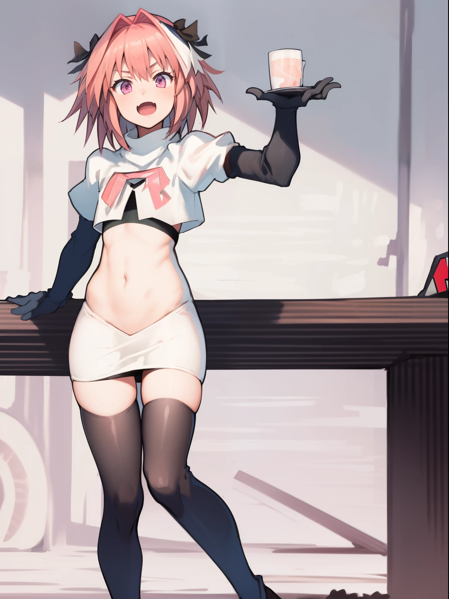 absurdres, masterpiece, best quality, (astolfo fate:1.2155), 1boy, male focus, trap, pink multicolored hair, pink hair, white hair, hair intakes, long hair, pink detailed eyes, crossdressing,1boy, team rocket,team rocket uniform, red letter R, white skirt,white crop top,black thigh-highs,black elbow gloves