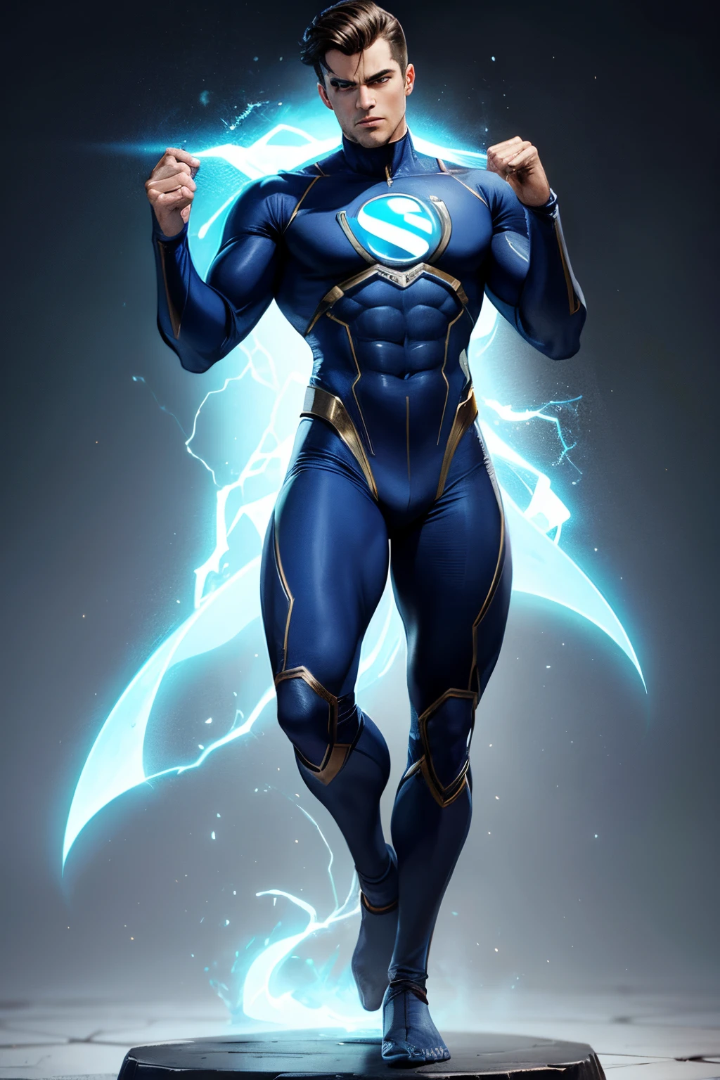 Create a Nitrogen-Themed Male Superhero, roupas de cor cinza claro e uma aura cinza claro emanando de seus olhos, hands and feet