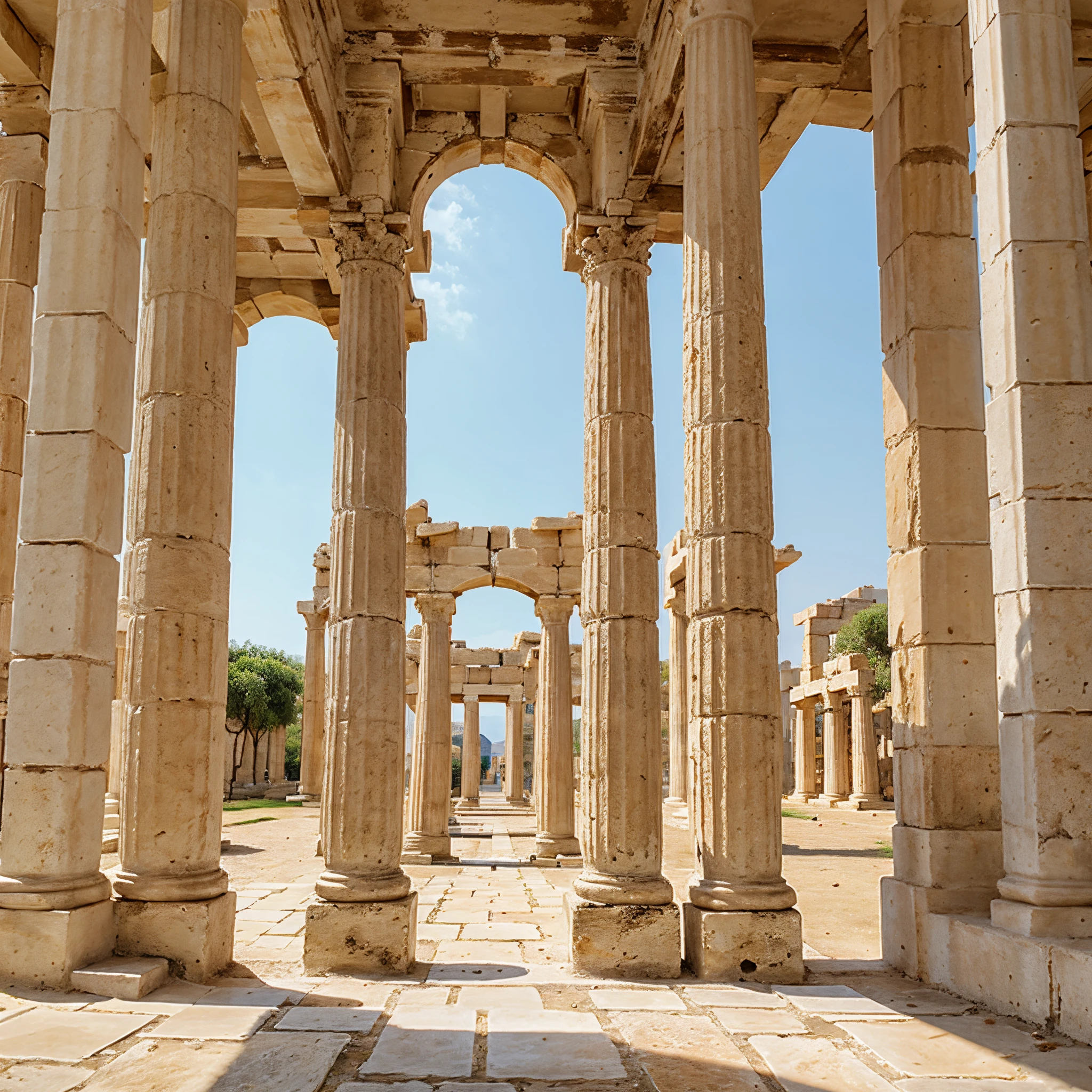 Four Greek columns side by side in front view form an archway, High quality