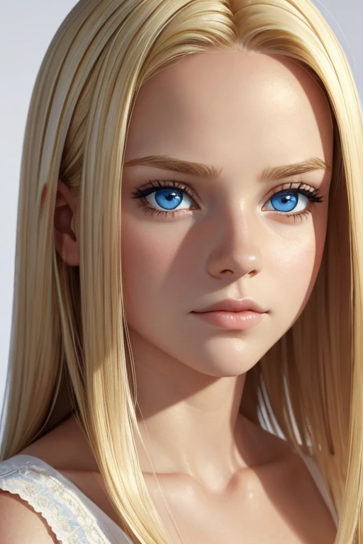 Portrait, 1girl, female, (masterpiece:1.3), (best cinematic quality:1.2), white background, render, detailed face, beautiful face, blonde hair, blonde hair, straight hair, blue eyes, young woman, white dress, sad face,