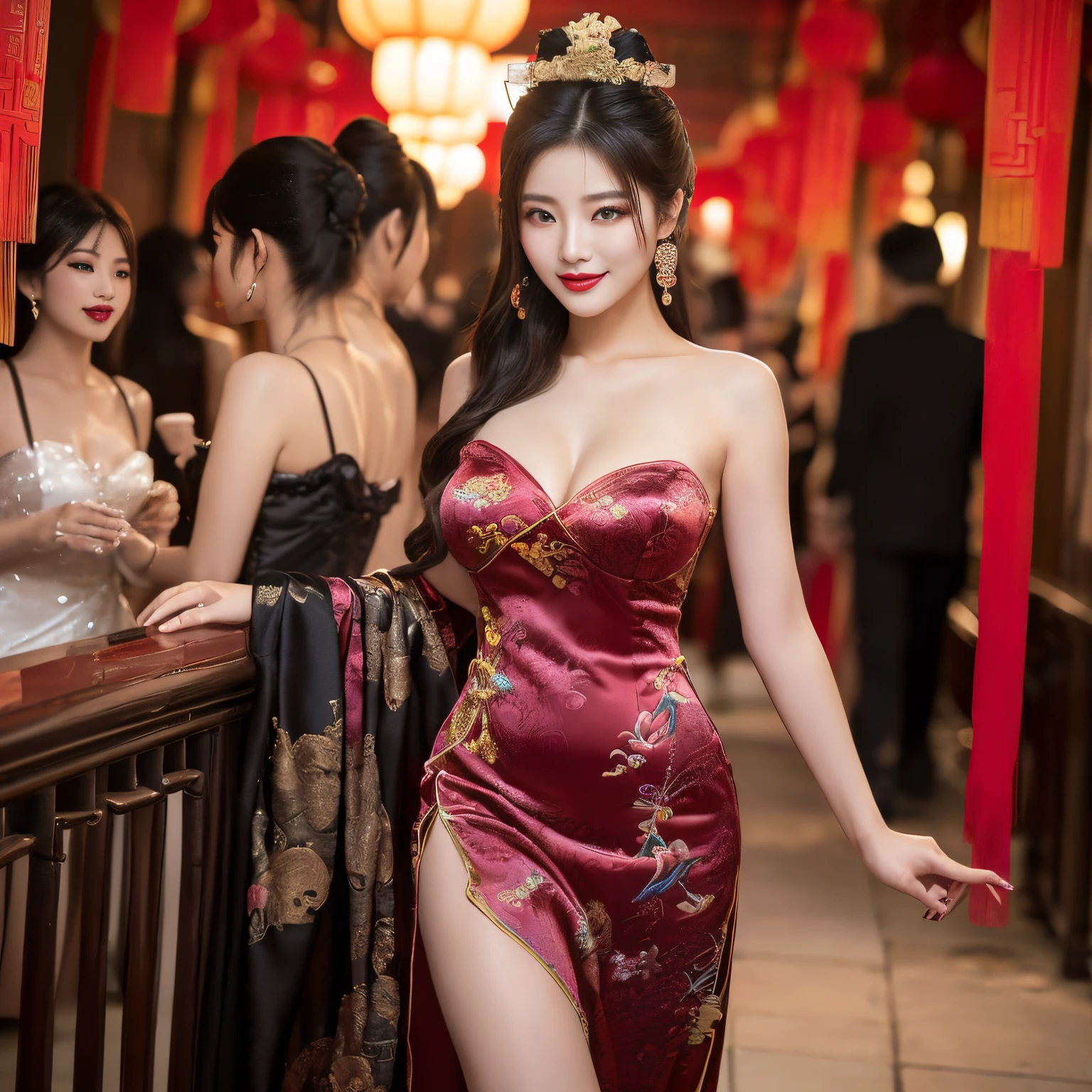 masterpiece,best quality,official art,extremely detailed CG unity 8k wallpaper, (wide shot),1girl, (Miyu Edelfelt),,black hair,brown eyes,seductive smile,(cleavage cutout), barefoot, sheet see-through provocative dress, butterfly, butterfly hair ornament, backless dress, chinese clothes,sleeveless, double bun,golden dragon print,bare foot,spread legs,elbow gloves,hair bun, hair ornament,jewelry,earrings,bead anklet,slim legs,nail polish, small breasts, solo, toenail polish, toenails, toes, twintails,outdoor,Chinese style architecture, Chinese style, lake, ancient town, beautiful and meticulous water,the red lantern,fireworks,