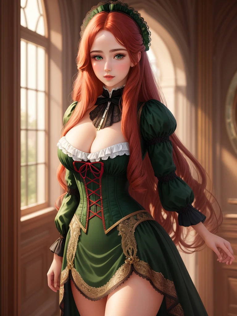 (Masterpiece - Ultra-Detailed, High Resolution) Prepare to be enchanted by a true masterpiece that combines ultra-detailed art with high-resolution rendering. This work shows a mesmerizing girl with long red hair (1.3) and captivating green eyes (1.2), emanating an aura of elegance and mystery. The intricate details and realistic textures invite you to explore every aspect of this enchanting composition. Girl wearing sensual Victorian costumes. Get ready to dive into a world where beauty and craftsmanship merge perfectly.