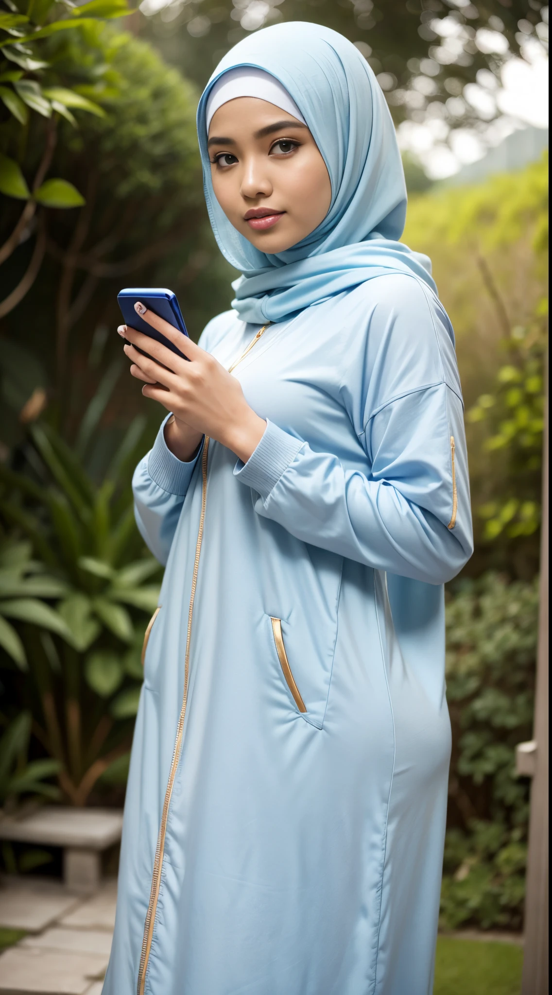 RAW, Best quality, high resolution, masterpiece: 1.3, beautiful Malay woman in hijab, big gorgeous eyes,big breast,fullbody, soft smiling, malay woman in a blue dress and a hijab talking on a cell phone iphone, pastel blue, hijab, blue gray, pale blue, light blue, light-blue, blue soft details, sky blue, light grey blue and golden, wearing a blue hoodie, pastel, tight light blue neopren suitlue, pale-skinned malay girl, beautiful malay woman, blur garden background