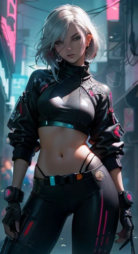 Beautiful woman:1.2),(Cabelos Coloridos:1.2),(roupas de couro e poses sensuais:1.3),(poses atrevidas), (seios longos:1.1),( estilo cyberpunk:1.3),(Realistic:1.1),(circunstanciado:1.1)