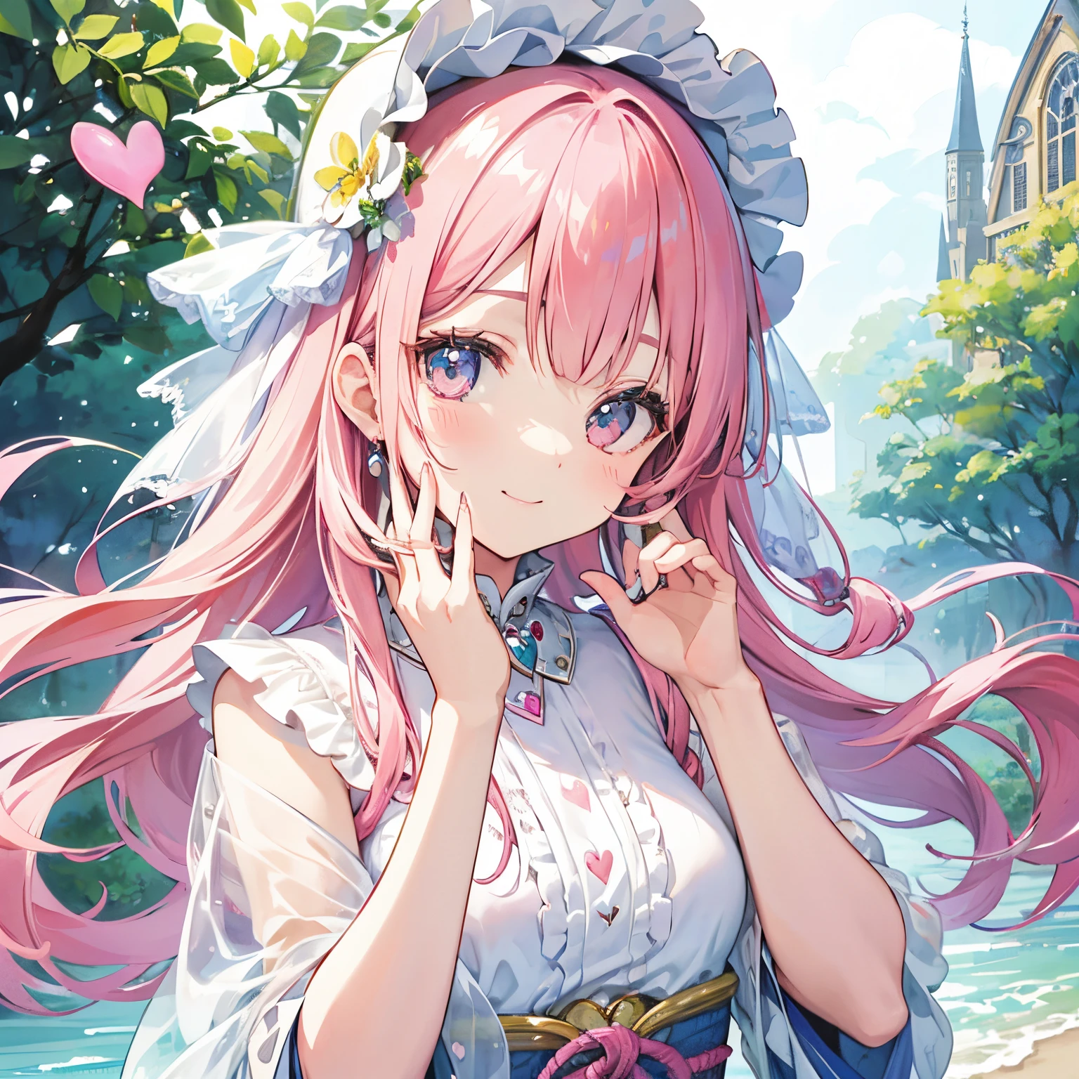 Transparent watercolor、girl with、Jewel Eyes,Beautiful arrangements and motifs、Originality、great depth of field, Transparency、Pink hair、Moe Moe、Put your hand on your cheek、Burikko、Mine Woman、Lolita、Cute smile、heart mark、