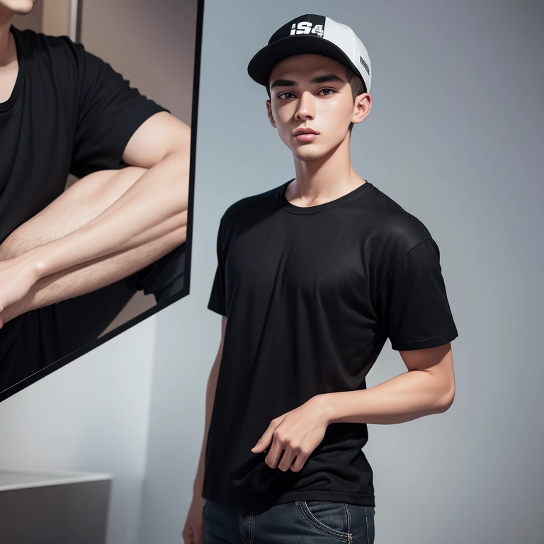 "(23-year-old young man in high quality and resolution, full body) wearing an ultra-realistic streetwear:1.2 with a plain black shirt and a black trucker cap."