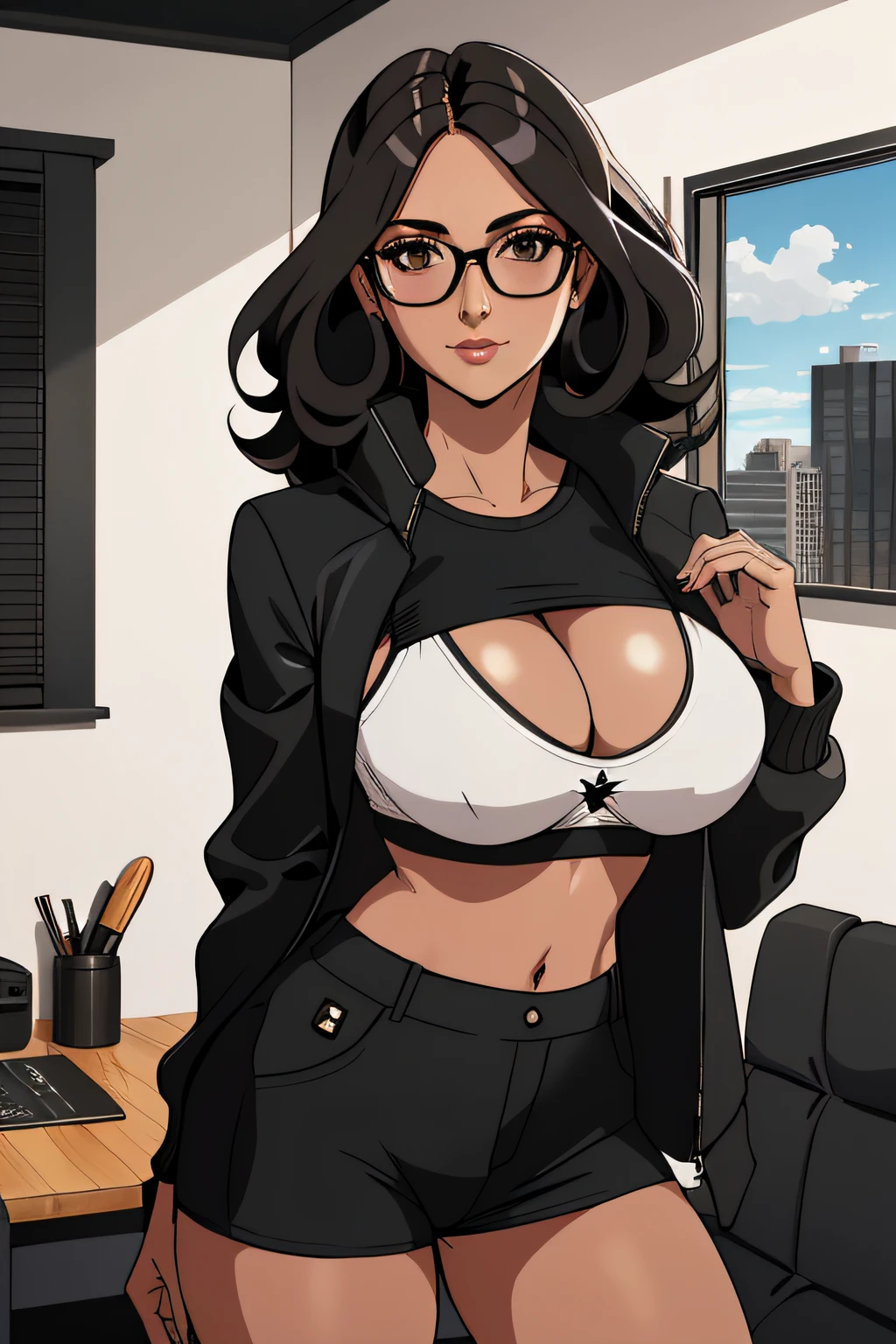 Photograph of a 40-year-old woman, pelo rubio, con gafas, obra maestra, brassiere, ropa interior, sujetador_negro, chaqueta, bragas_negras
