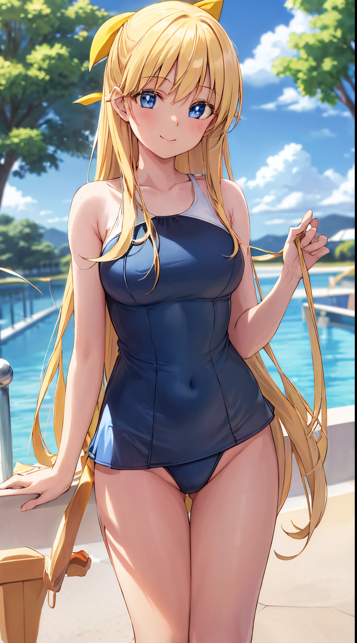 masterpiece, best quality, highres, venus1, 1girl, solo, aino minako, blonde hair, magical girl, blue eyes, very long hair,  standing, one piece swimsuit, swimsuit, in pool, closed mouth, smile