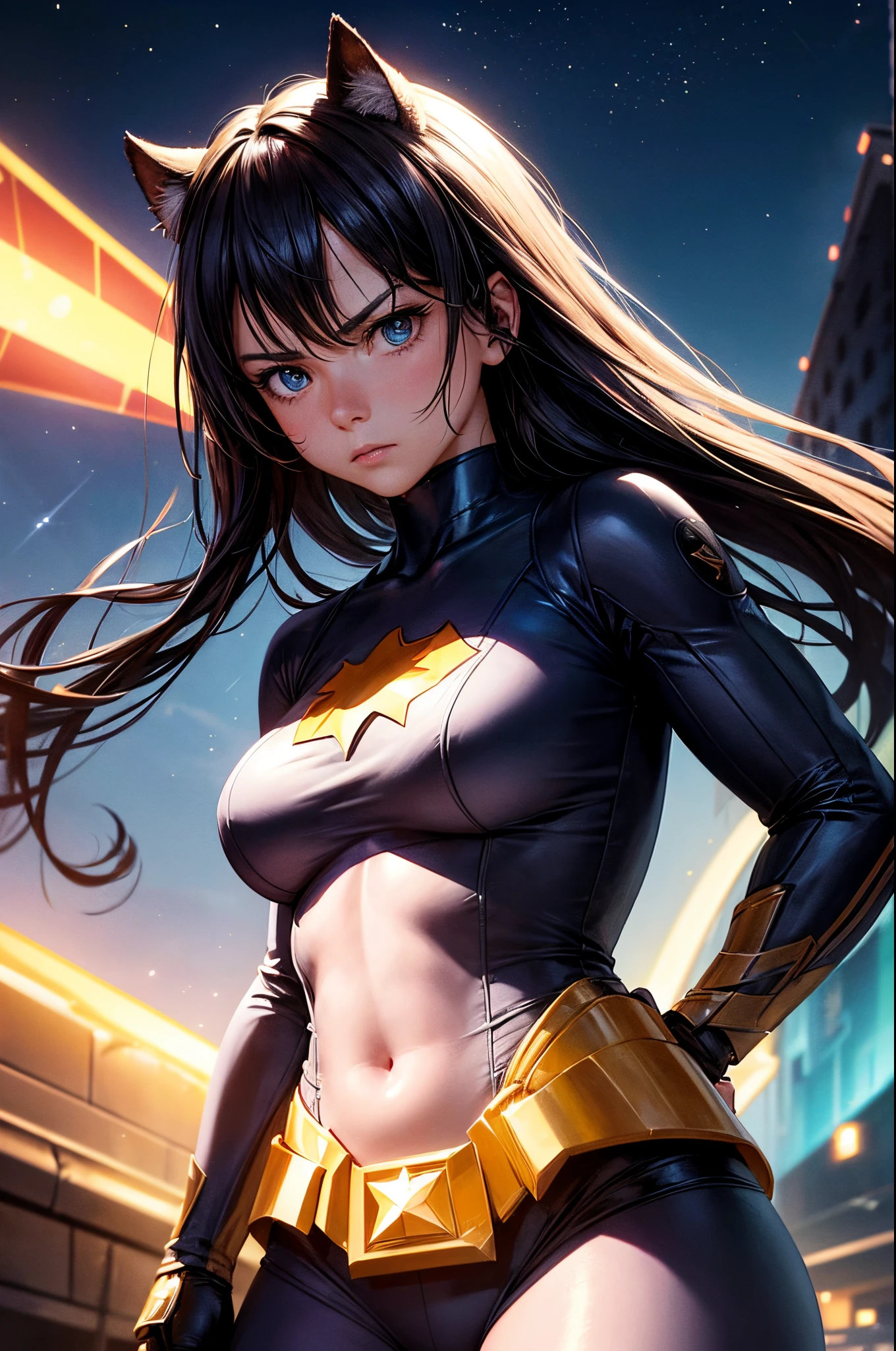 A hyperrealistic, cinematic-still portrait of a superhero, standing in a heroic pose, with a determined expression and a backdrop of a star-filled night sky. mega tits