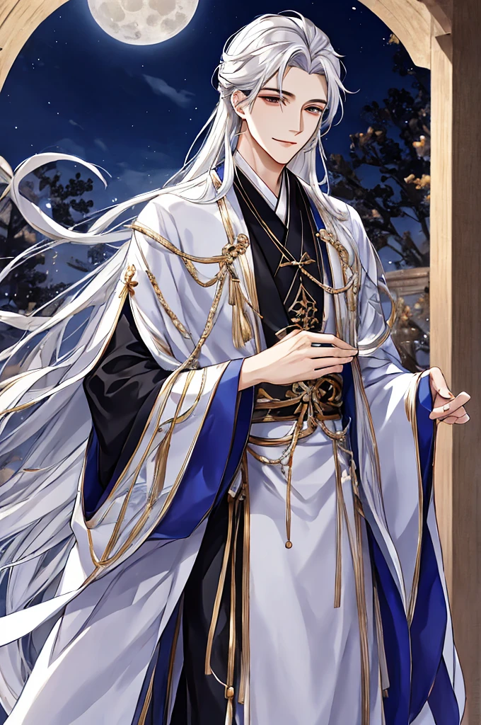 tmasterpiece,Best Picture Quality,Long black male wearing white robe,long flowing hair,Hanfu,Wide-sleeved robe,ancient wind,Solid color clothes,The clothes do not have any patterns,Smilingly,gentlesoftlighting,water ink,Behind it the full moon,