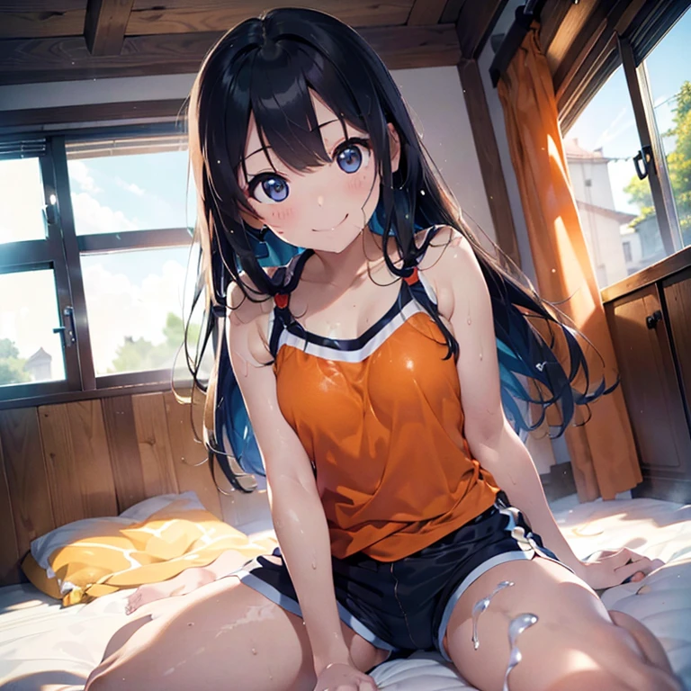 (masterpiece:1.3),top-quality,Highest Definition,(Top resolution:1.3),Top image quality,(8K分辨率:1.3),(sharpnes:1.3),Fine eyes,Fine hair,(A hyper-realistic:1.5),swim wears(Depicted in detail、Orange Camisole、Dark blue shorts、Drenched in clear slimy lotion),girl with(、cute smile face、feel attractive),soaking wet on the bed,