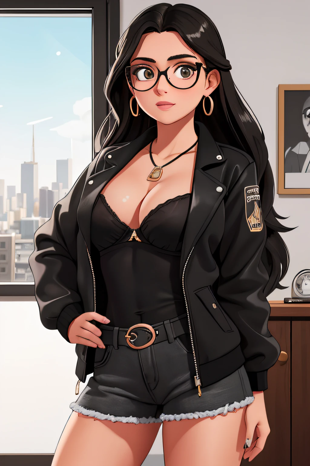 Photograph of a 20-year-old woman, con gafas, obra maestra, brassiere, ropa interior, sujetador_negro, chaqueta, bragas_negras