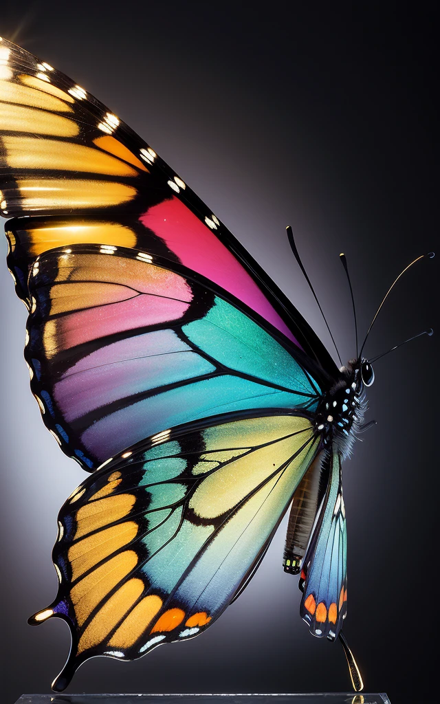 An exquisite sculpture of a butterfly, elegantly crafted in gold, capturing its delicate and graceful form, This artwork a detailed representation of the butterfly, emphasizing its slender yet strong structure. The sculpture beautifully embellished with a variety of gemstones, including deep blue sapphires and amethysts, which highlight the vividness and vitality of the butterfly. Diamonds are strategically placed throughout the sculpture skillfully catching and reflecting light to enhance its overall splendor, The butterfly's features aref finely crafted, adding to the realism of the sculpture, Its eyes are designed to be bright and expressive, conveying a sense of the butterfly's lively essence.