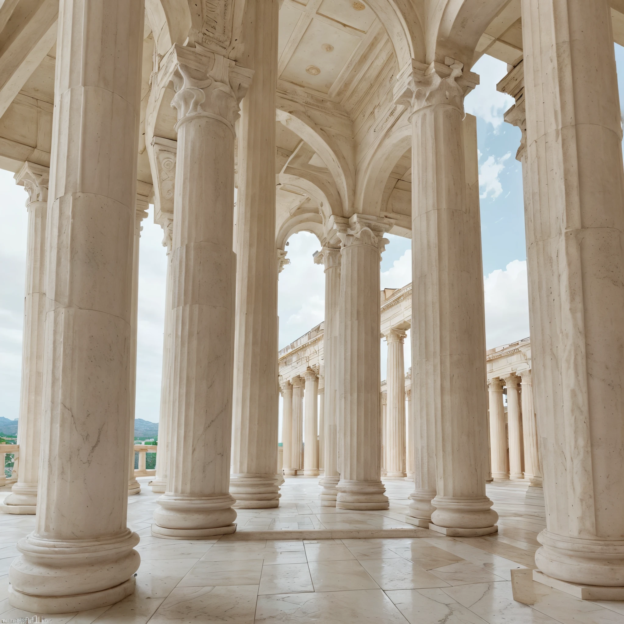 View of a balcony with columns and clouds in the background, Pillars, Marble columns in the background, large pillars, Marble columns, viele Spalten, Huge pillars, Spalten, decorated columns, Roman columns, tall columns, Griechischer Tempelhintergrund, Tempelhintergrund, gigantic columns, Columns and arches, Gigantische, immaculate marble columns, Arches and columns, Hintergrund, der einen Tempel darstellt