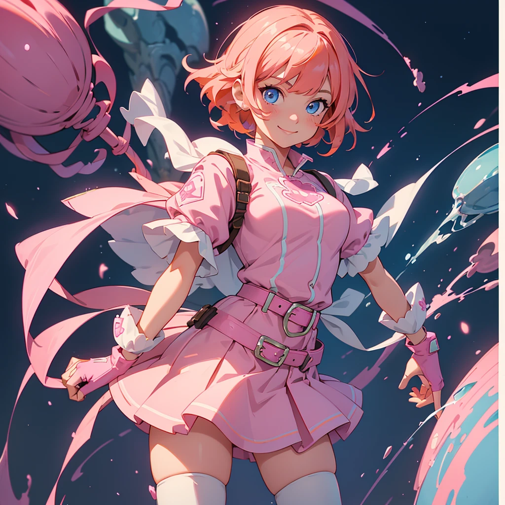 (((pink hair))) ,((green eye)), short hair, (((one side up))),skinny body, mainly white and sky blue hem sundress,blue hairband,((black long gloves)), (((blue sailor color))), (((blue thin neck ribbon))),one hair ribbon,bike shorts,((black kneehighs)),((Vertically down the middle of the clothes
Yellow line))