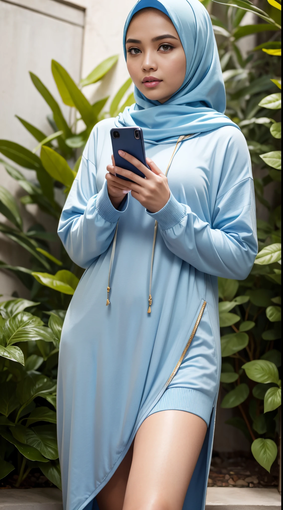 RAW, Best quality, high resolution, masterpiece: 1.3, beautiful Malay woman in hijab, big gorgeous eyes,big breast,fullbody, soft smiling, malay woman in a blue dress and a hijab talking on a cell phone iphone, pastel blue, hijab, blue gray, pale blue, light blue, light-blue, blue soft details, sky blue, light grey blue and golden, wearing a blue hoodie, pastel, tight light blue neopren suitlue, pale-skinned malay girl, beautiful malay woman, blur garden background