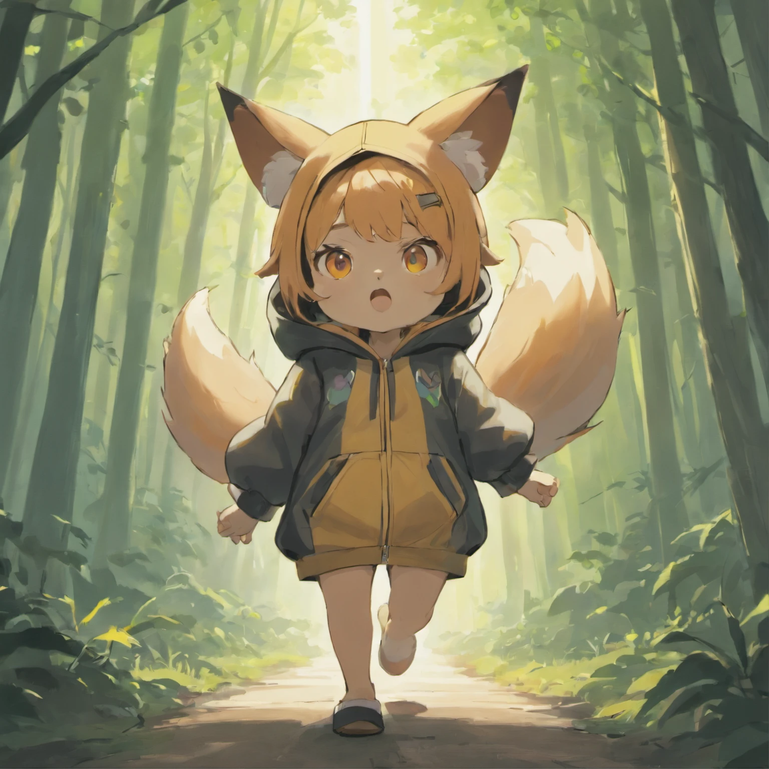 In the cave,Gremlin looks like a fat fox, clothing jacket with hood, In the foreground, large ears, elongated nose,,,,,light silver fur, long tail, taupe, dressed to kill, Forest in the background, the mole is walking along the road, mole raises front paw static movement,
