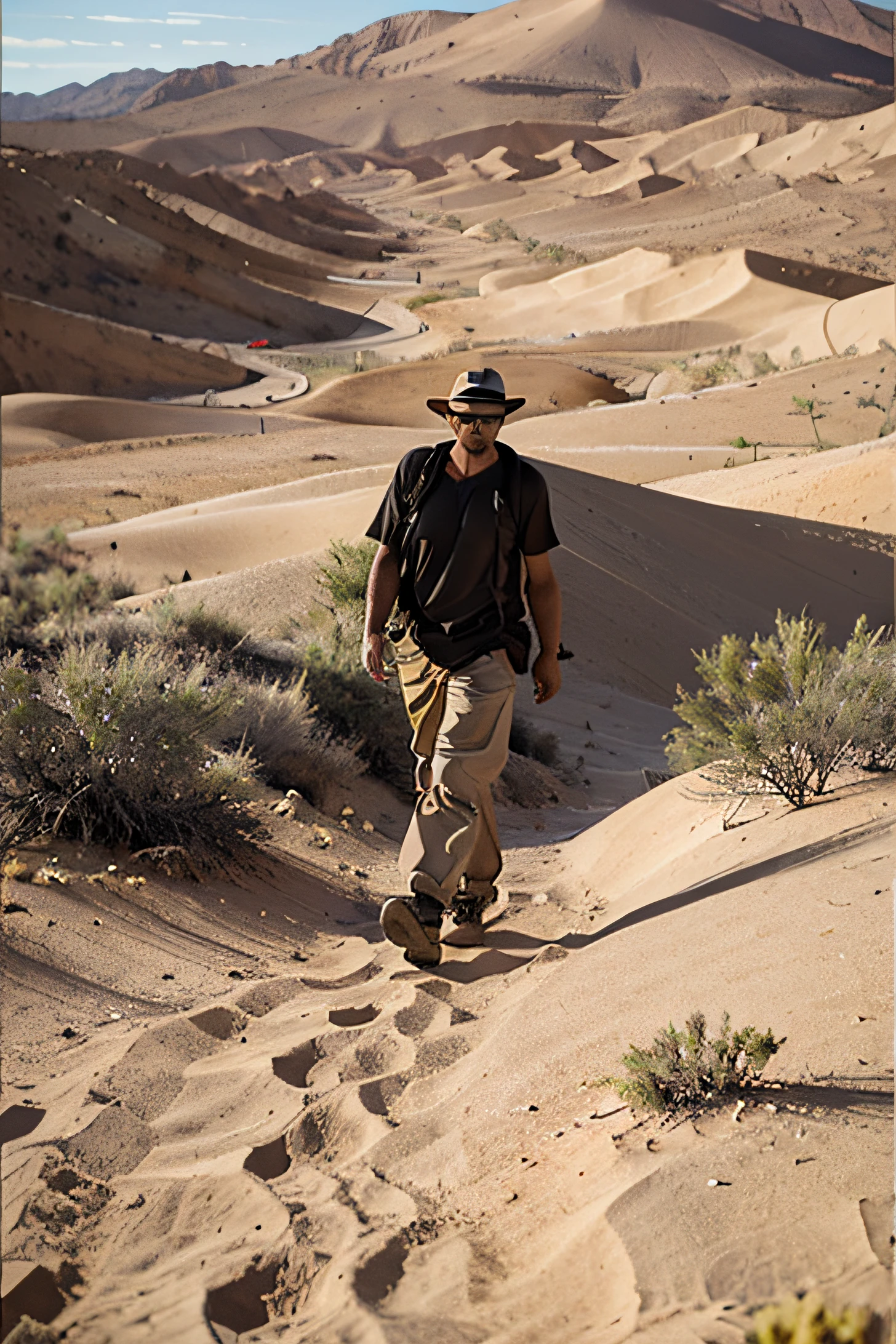 Um homem no deserto, Walking to the camera, mostrando o rosto