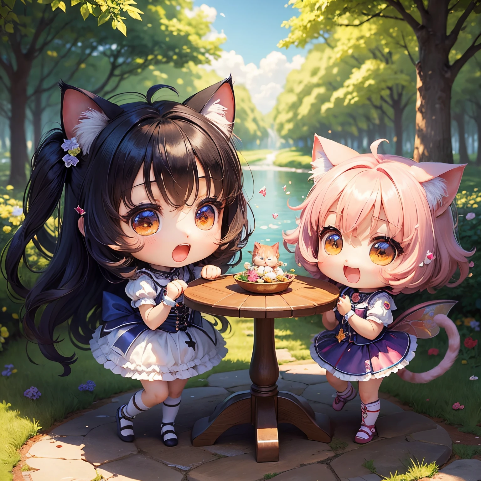 masterpiece、top-quality、ultra-detailliert、(Chibi character cat girl:1.2)、Fairy of seven colors of the rainbow、Open your mouth and burst out laughing、fairy tale summer forest