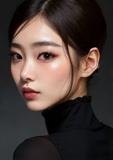 uma mulher com uma blusa preta com gola alta e fundo preto, young adorable korean face, linda mulher coreana jovem, belo rosto delicado, pele de porcelana brilhante, tez bonito, asian beautiful face, beautiful pale makeup, mulher coreana jovem bonita, Mulher sul-coreana bonita, maquiagem coreana popular, beautiful cheekbones, wan adorable korean face, lindo rosto delicado, beautiful aesthetic face