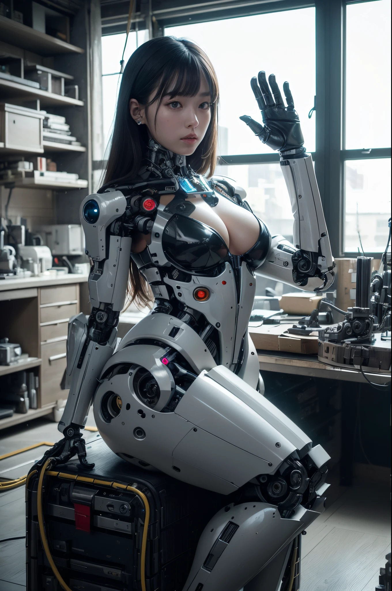(photorealistic:1.4), (RAW photo)masterpiece, best quality, extremely detailed, (photorealistic:1.4), (RAW photo) (RAW photo) (8K, 4K, Best Quality, hight resolution, 超A high resolution:1.1), (masutepiece, Realistic, Photorealsitic:1.1), 1girl in, Japaese Cyborg girl,Plump , control panels,android,Droid,Mechanical Hand, Robot arms and legs, Black Robot Parts,Black hair,Mechanical body,Blunt bangs,White robotics parts,perfect robot girl,long tube,thick cable connected her neck,ceramic body ,mechanical body, mechanical ear cover, mechanical costume,android,robot,humanoid,cyborg,japanese android woman ,mechanical chest,full eyes,future laboratory,connecting a cable between the legs,a bit chubby,