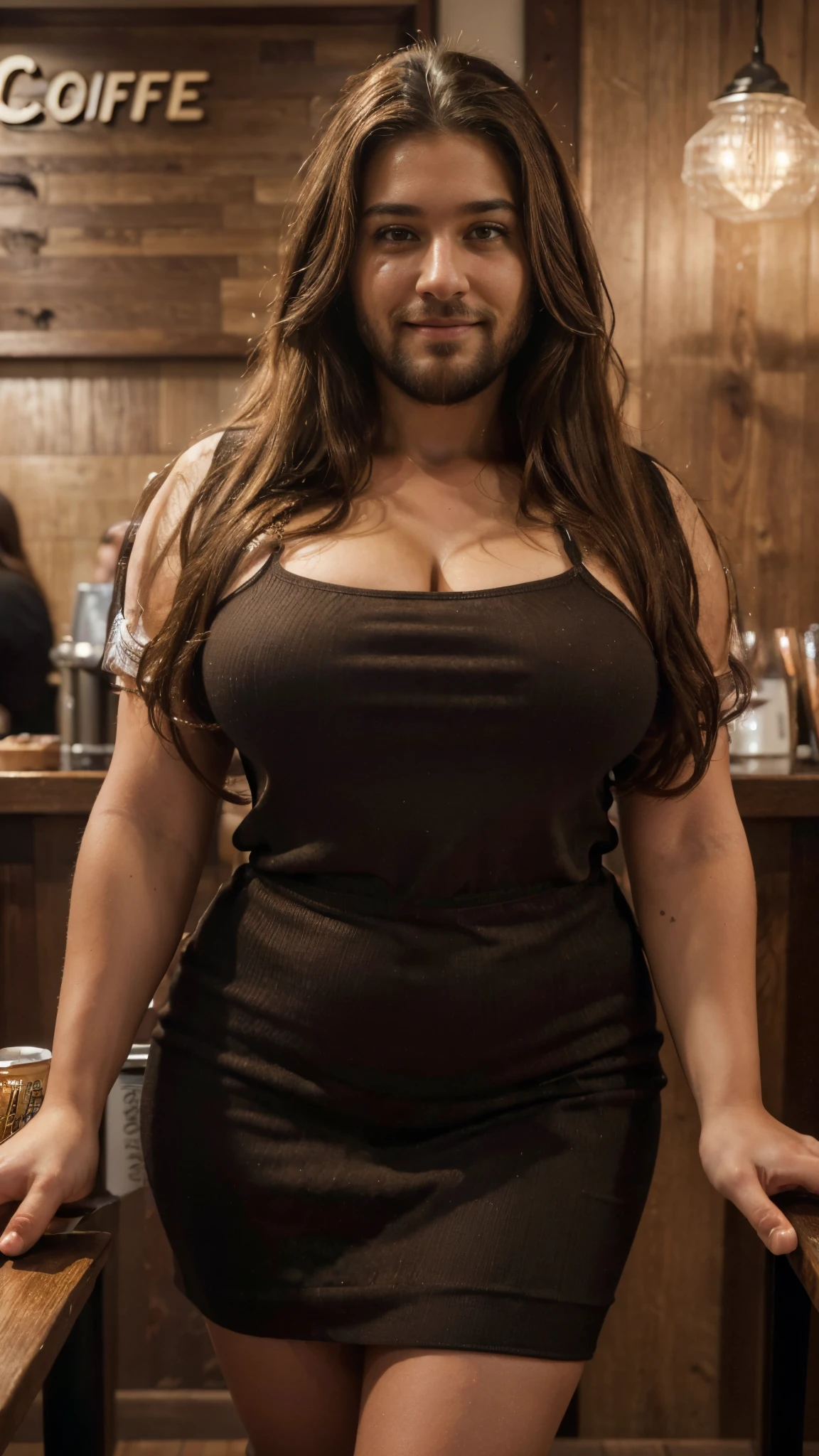 (best quality,4k,highres,ultra-detailed,realistic:1.37),vibrant portrait,beautiful fat cafe worker lady with a long big beard,long beautiful hair,manly chiseled face,expressive eyes,lovely smile,stylish outfit,confident stance,coffee cup,cozy atmosphere,artistic lighting,rich color palette,bokeh