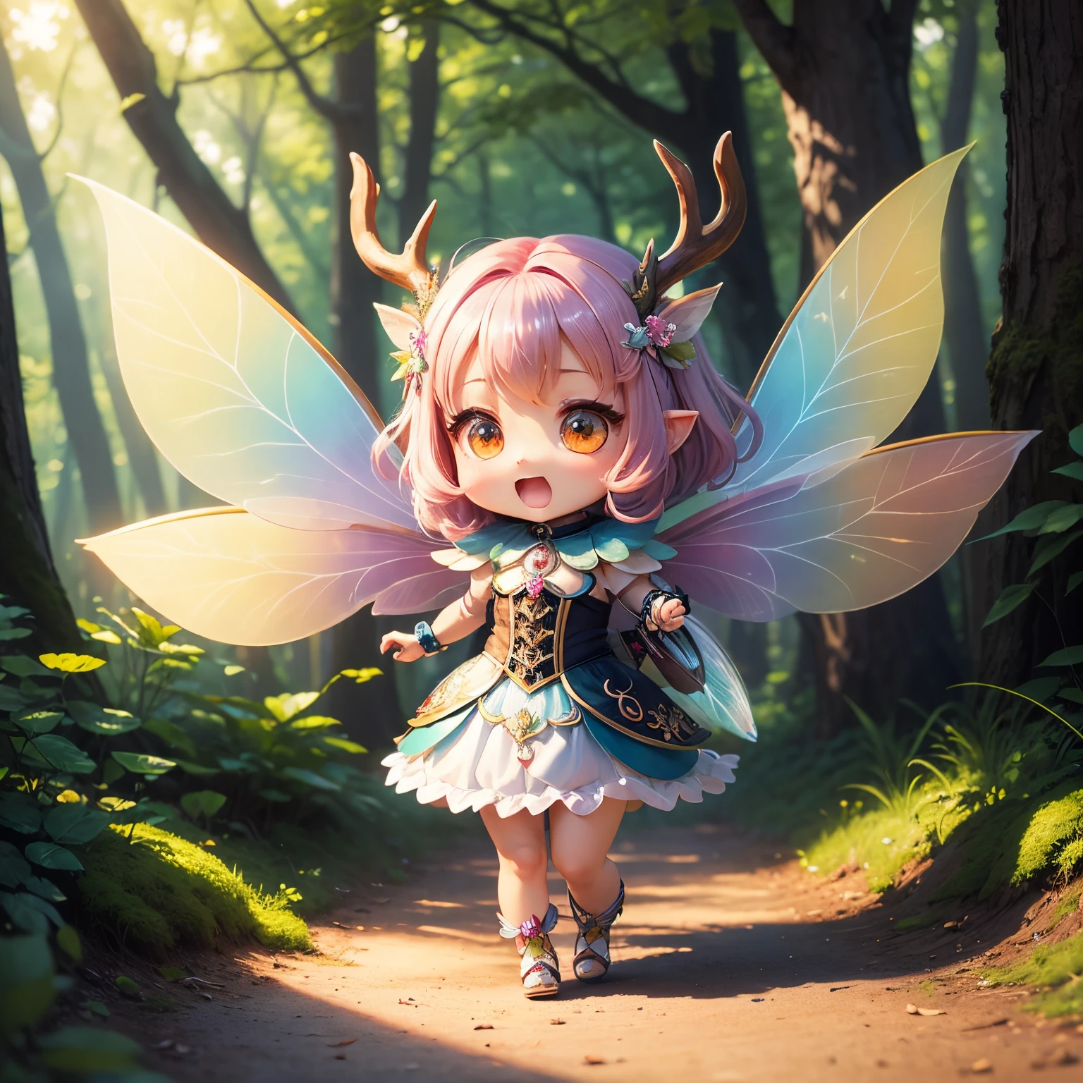 ​masterpiece、top-quality、ultra-detailliert、(chibi character fairy girl:1.2)、seven-colored rainbow feathers、Open your mouth and start laughing、fairy tale summer forest、deer ear、