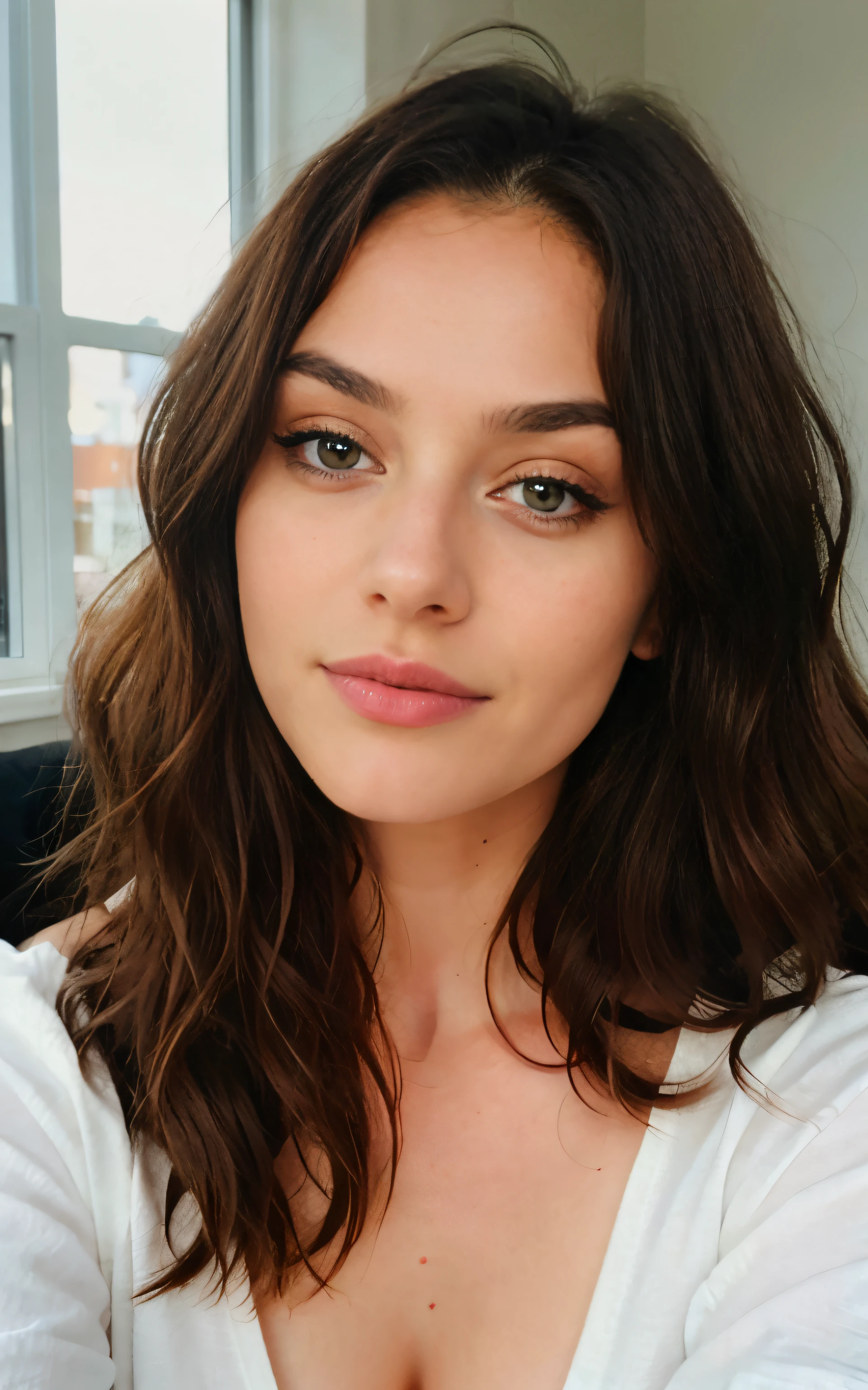 [WHITE skin woman:1.2, long curly hair:1.2, snub-nosed nose, yeux brun vif, tanktop, looking away], portrait, Filtre VSCO: C8, Ultra detailded, Best quality, Yeux verts, texture de la peau, photoreallistic, maquillage naturel