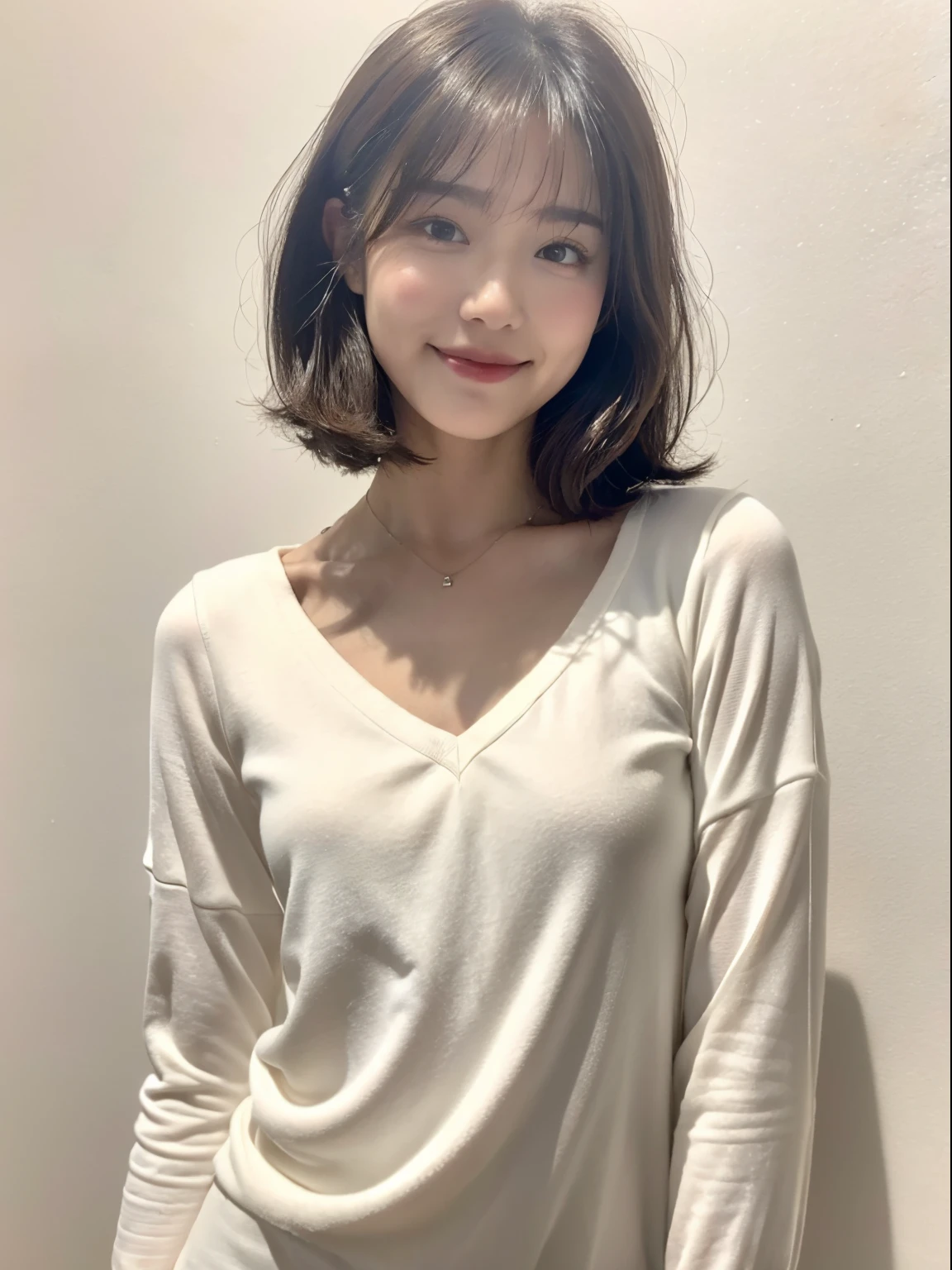 (ロイヤルシスタースタイルの韓国スター1人)、((top-quality、8K、​masterpiece:1.3))、(slenderbody:1.3)、Focus:1.2、Perfect Body Beauty:1.4、(A smile)、(Street:1.3)、Detailed face and skin texture、Narrow-eyed、二重まぶた、Whitening skin、(shorth hair、Air bangs:1.3)、(Round face:1.5)、(dressed casually:1.4)、Autumn clothes、Winter clothes、Simple Necklace、white walls、Taken in front of the white door、(white wall room with window)、Autumn clothes、Winter clothes、Simple Necklace、white walls、Taken in front of the white door、(white wall room with window)、Poses variadas