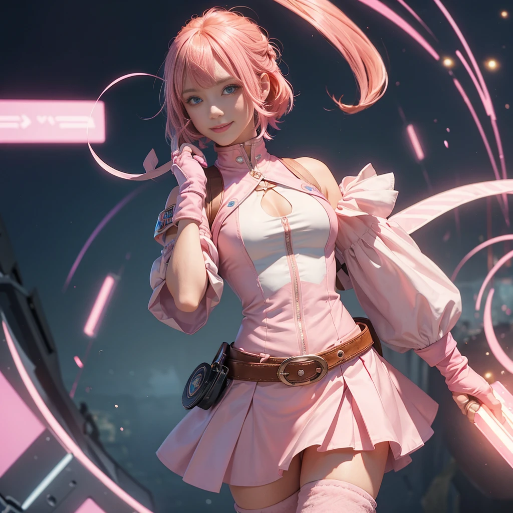1girl,cowboy shot, beautiful nora_valkyrie, looking at viewer, smile, short hair, bangs, blue eyes, gloves, jacket, pink skirt, pink belt, short sleeves, puffy sleeves, fingerless gloves, orange hair, pink gloves, best quality, masterpiece, single armband, white ankle boots with pink soles