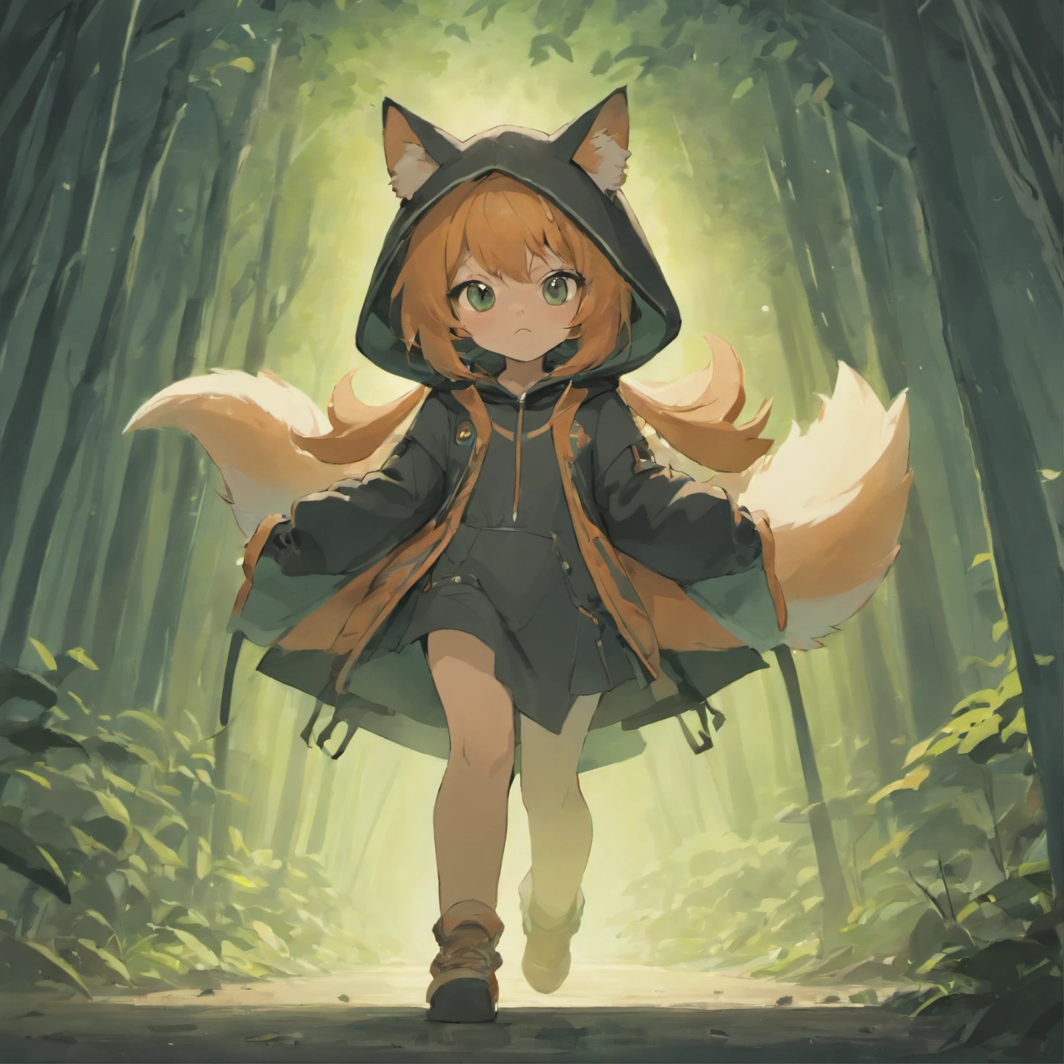 In the cave,Gremlin looks like a fat fox, clothing jacket with hood, In the foreground, large ears, elongated nose,,,,,light silver fur, long tail, taupe, dressed to kill, Forest in the background, the mole is walking along the road, mole raises front paw static movement,
