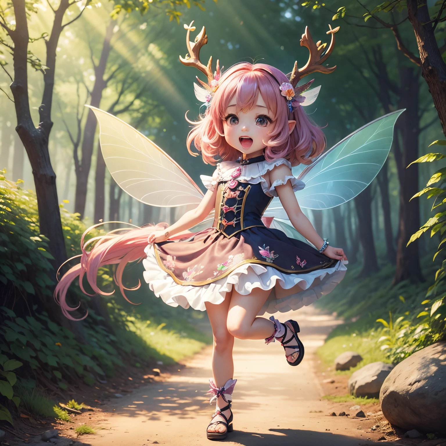 masterpiece、top-quality、ultra-detailliert、(chibi character fairy girl:1.2)、Seven colored rainbow feathers、Open your mouth and start laughing、fairy tale summer forest、deer ears、jumping