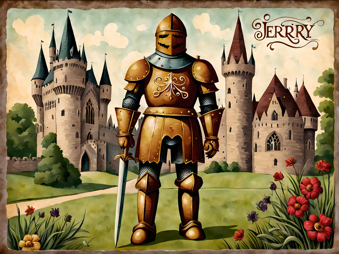 (vintage:1.3), (solo:1.3), design a captivating gothic (((postcard))) featuring a giant gingerbread man noble knight, (the postcard has handwritten text that reads "Jerry" in elegant, gothic font), medieval city, flower grass, More Detail